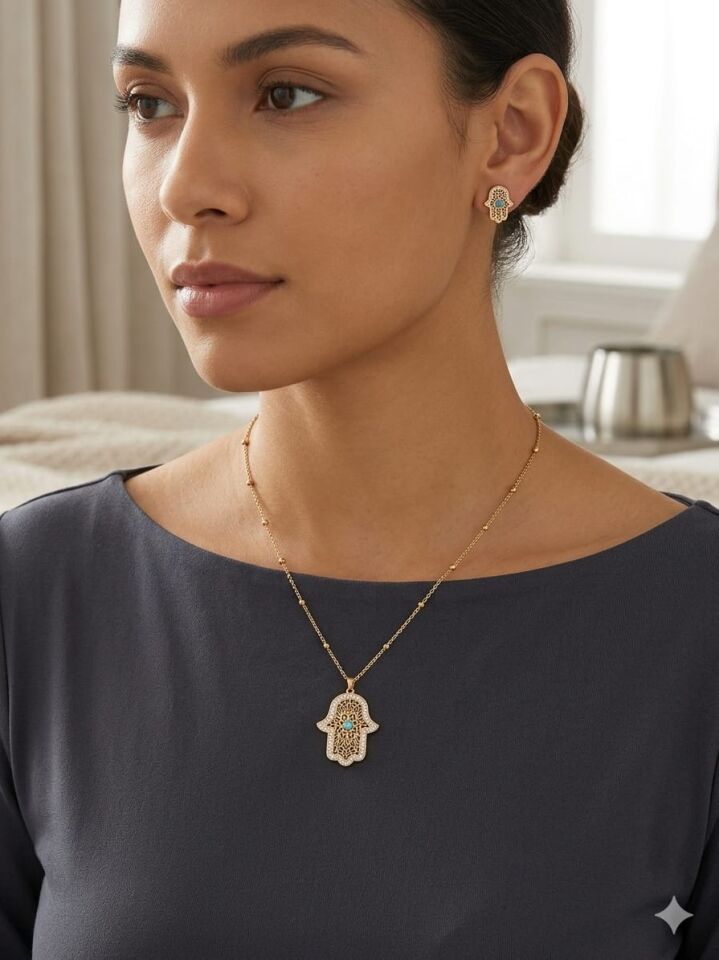 Hamsa Azure Kolye ve Küpe Takımı