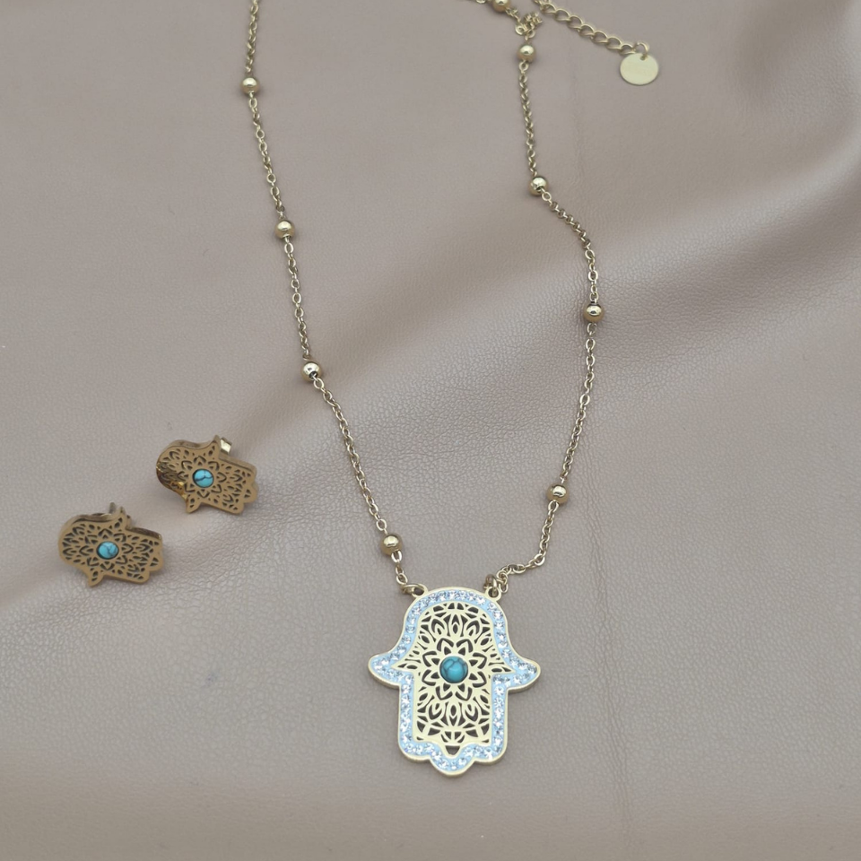 Hamsa Azure Kolye ve Küpe Takımı