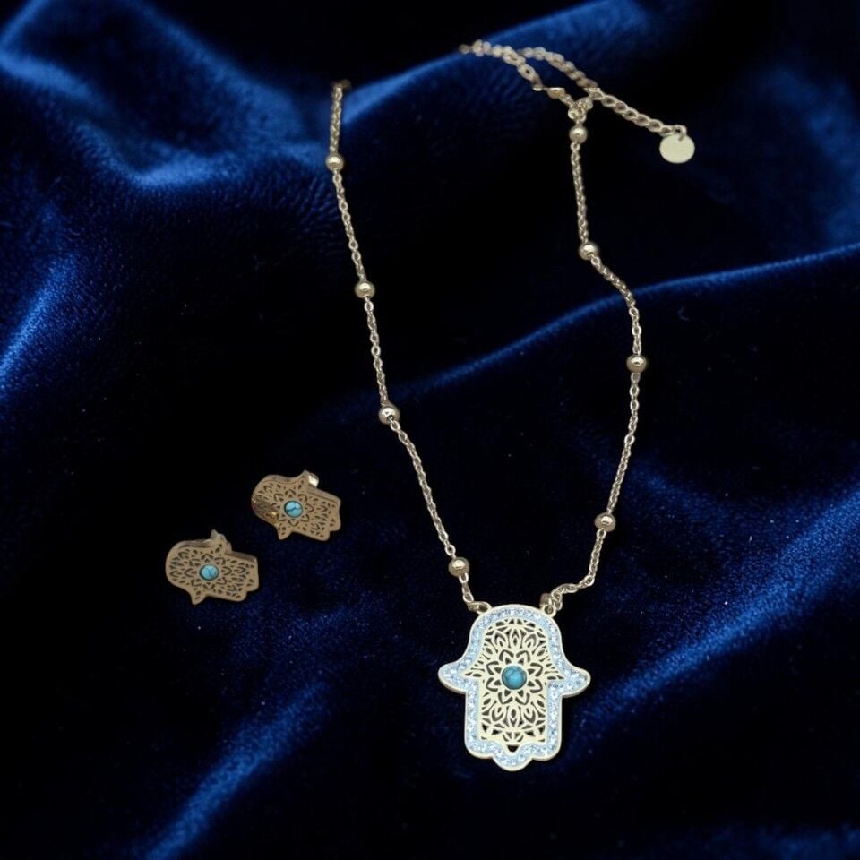 Hamsa Azure Kolye ve Küpe Takımı