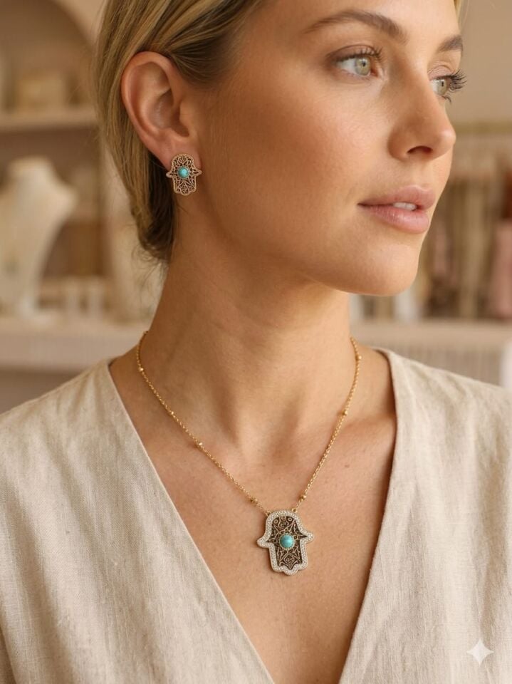 Hamsa Aura Kolye ve Küpe Takımı